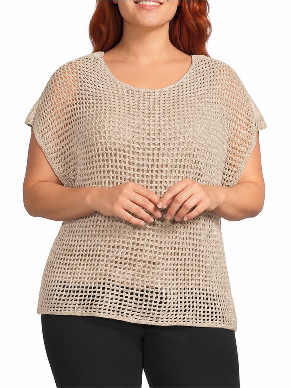 Investments Beige Open-Knit Short Sleeve top